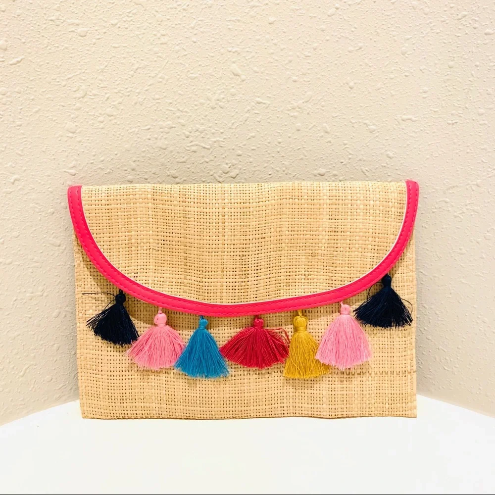 Imoshion Straw Natural Multicolored Tassels Clutch NWT